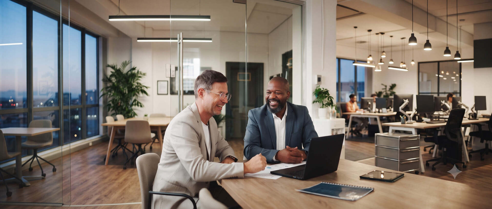 Two men sitting together in an office smiling while on a virtual video call with a client for their credit repair business
